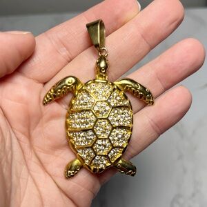 Gold Tone Turtle Pendant Rhinestone Nautical Beach Necklace Charm